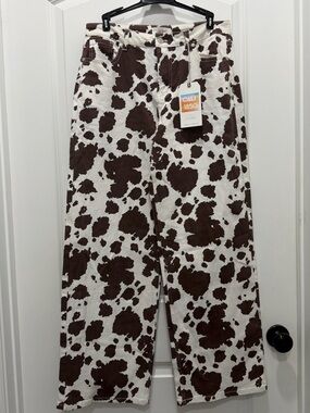 CALI 1850 Cow Print Pants - wide leg White & Dark Brown